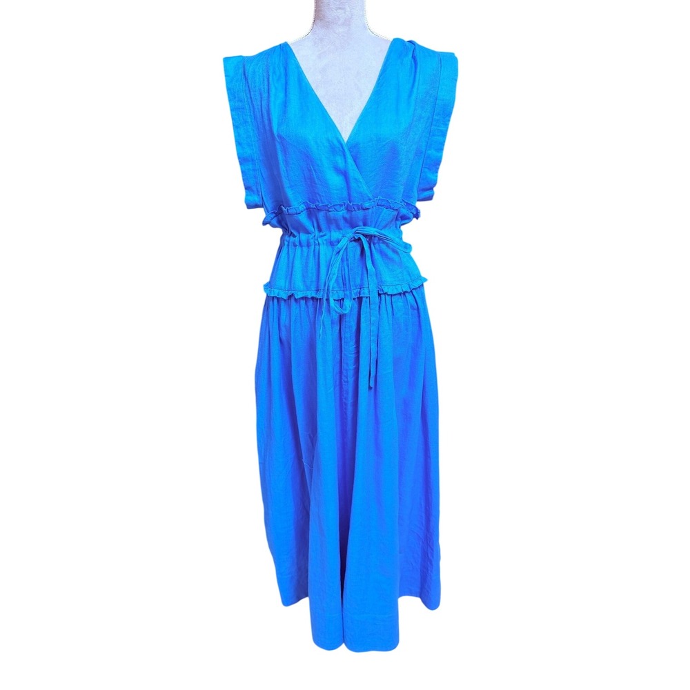 BANANA REPUBLIC Bright Turquoise Blue 100% Linen Tiered Maxi‎ Dress M Feminine